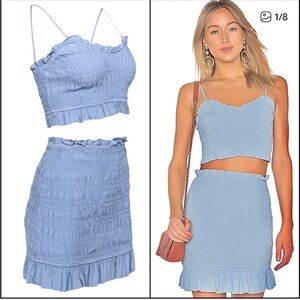 Lovers + Friends - Baby Blue Smocked Ruffled Cropped Tank & Skirt Set